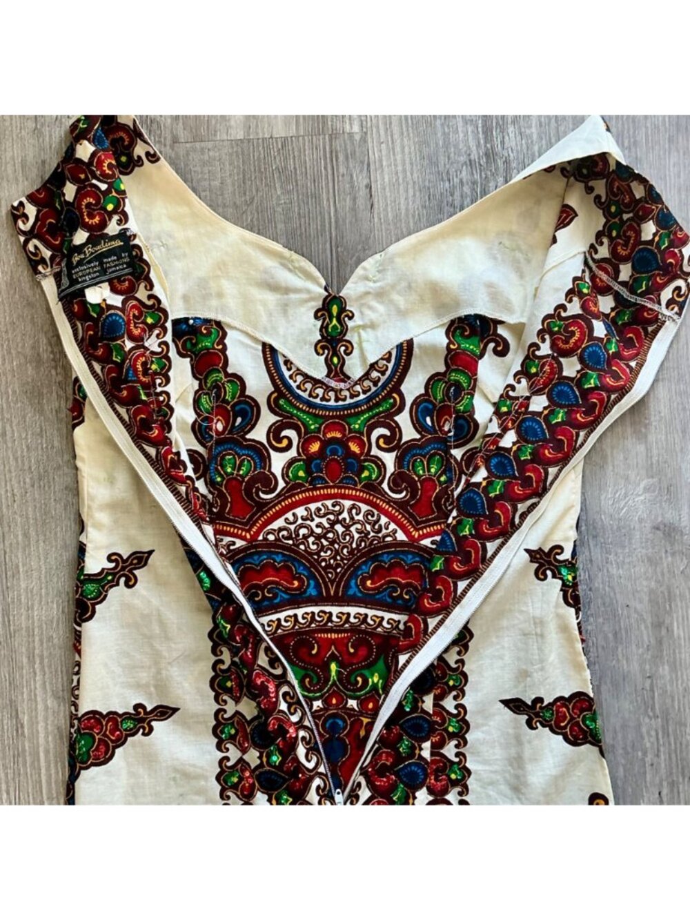 Vintage 70s Bou Boudina Maxi Dress Ornately Sequined Colorful Dashiki Medallion - Picture 13 of 14